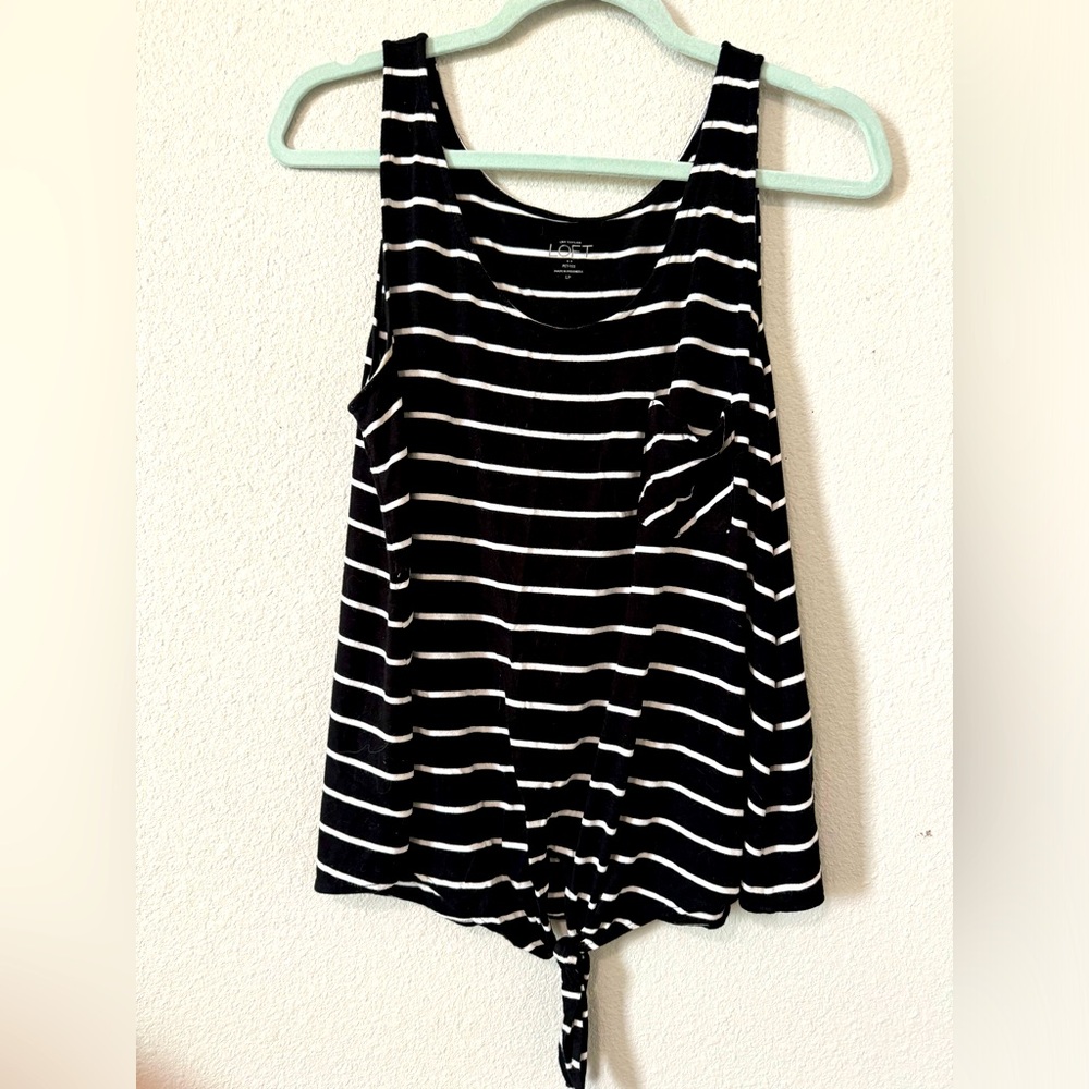 LOFT Black White Striped Sleeveless Tie Front Tank Top With Front Pocket Size L